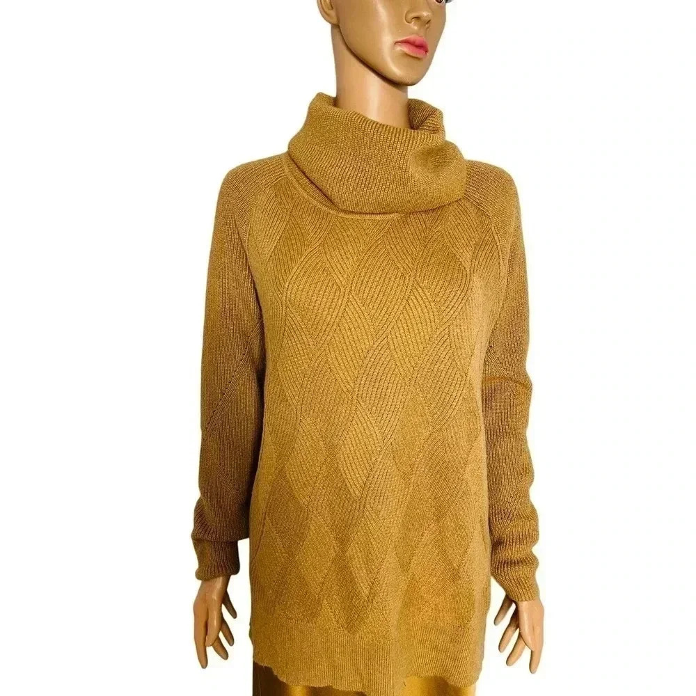 Talbots cable knit cowl/turtleneck sweater size Small Tan NWT